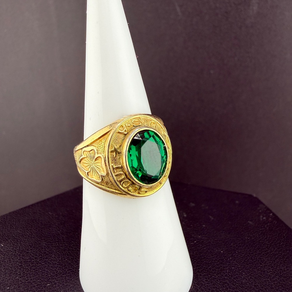 Vintage GSUSA Ring Gold Green Signet Trefoil Faux Emerald Size 6 READ